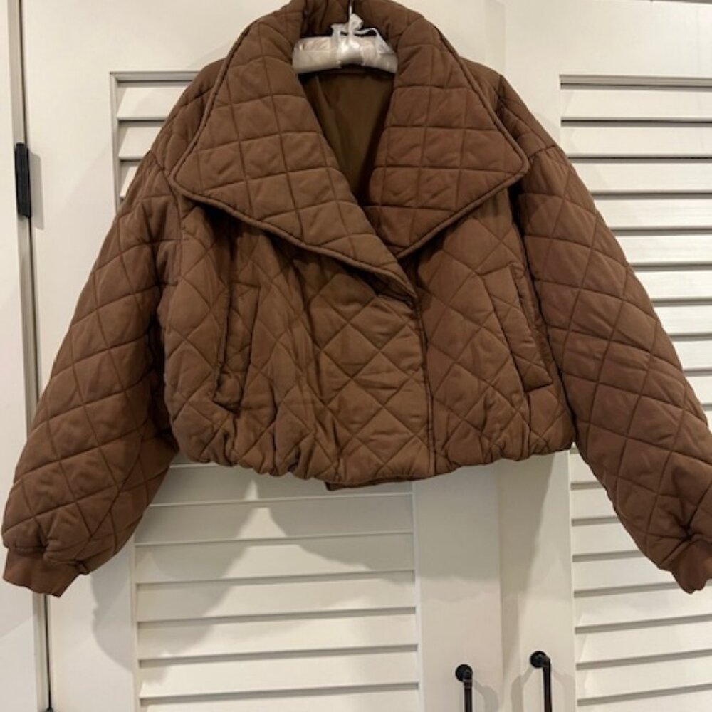 Brown Waist Length Puffy Jacket, Size XL